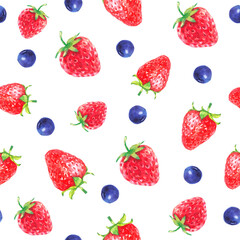 Watercolor fresh strawberry with green leaves seamless pattern. Summer forest berries texture on white background.