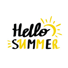 Hello Summer vector lettering. Fun quote hipster design logo or label. Hand lettering inspirational typography poster, banner.