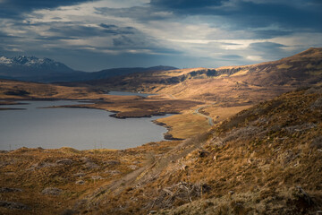 Fototapeta na wymiar Beautiful landscape scenery on the old man of Storr the landmark in the area of Scottish Highlands