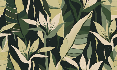 Modernes exotisches Dschungelpflanzen-Illustrationsmuster. Kreative Collage zeitgenössisches nahtloses Blumenmuster. Modische Vorlage für das Design.