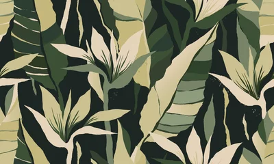 Tapeten Beige Modernes exotisches Dschungelpflanzen-Illustrationsmuster. Kreative Collage zeitgenössisches nahtloses Blumenmuster. Modische Vorlage für das Design.