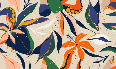 Papier Peint photo Beige Modèle d& 39 illustration de plantes de jungle exotique moderne. Collage créatif motif floral contemporain sans couture. Modèle à la mode pour la conception.