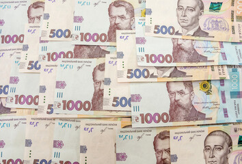Ukrainian hryvnia, new banknotes of 500 and 1000 hryvnia. Hryvnia (UAH). Financial background. Money background