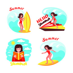 Girl surfer rides the waves. Vector concept design set of a summer holidays by the ocean. Summer time illustration set.