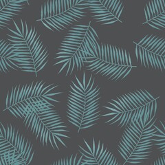Naklejka na ściany i meble seamless pattern with blue palm leaves on a gray background. illustration with tropical leaves. floral background for printing on textiles, ceramics and use in design