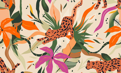Modern exotic jungle plants and leopards illustration pattern. Creative collage contemporary floral seamless pattern. Fashionable template for design.
