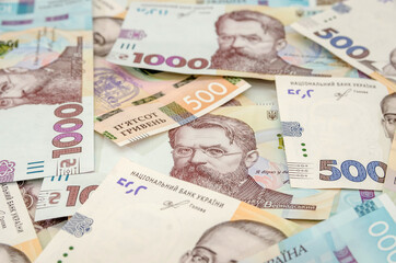 new 1000 and 500 hryvnias, close-up. A lot of hryvnia.