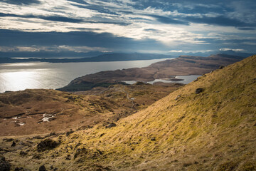 Beautiful landscape scenery on the old man of Storr the landmark in the area of Scottish Highlands