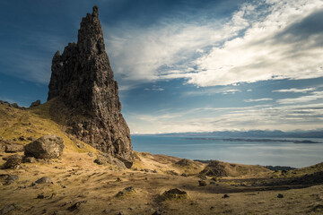 Beautiful landscape scenery on the old man of Storr the landmark in the area of Scottish Highlands