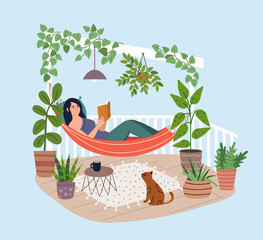 Young woman relaxing in hammock on the terrace. Girl reading book on the balcony. Home garden and cute exterior design. Modern illustration.