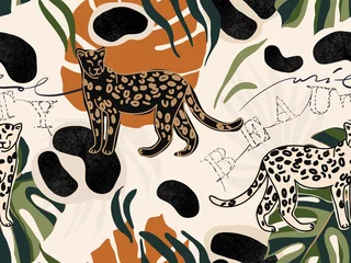 Wall murals African animals Hand drawn abstract jungle pattern with leopards. Creative collage contemporary seamless pattern. Natural colors. Fashionable template for design. Text "WILD BEAUTY".