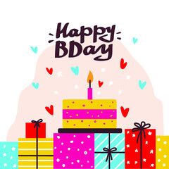 Happy birthday lettering card. Holiday text and decorations. Vector element isolated on white.