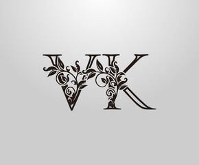 Vintage V, K and VK Letter logo. Graceful Floral Flower Alphabet Mark for letter stamp, weeding card, brand name, Restaurant, Boutique, Hotel.