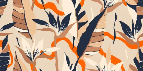 Behang Beige Moderne exotische jungle planten illustratie patroon. Creatieve collage hedendaagse naadloze bloemmotief. Modieuze sjabloon voor ontwerp.