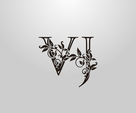 Vintage V, J and VJ Letter logo. Graceful Floral Flower Alphabet Mark for letter stamp, weeding card, brand name, Restaurant, Boutique, Hotel.