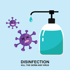 Antibacterial antiseptic hand soap to disinfect kill germ and virus. Fight against coronavirus. Wash your hand. Flat illustration in vector illustration