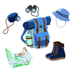 travel stickers. backpack, boots, map, binoculars