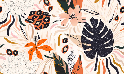 Handgezeichnetes abstraktes Dschungelmuster mit Leopardenmuster. Zeitgenössisches nahtloses Muster der kreativen Collage. Natürliche Farben. Modische Vorlage für Design.
