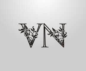Vintage V, N and VN Letter logo. Graceful Floral Flower Alphabet Mark for letter stamp, weeding card, brand name, Restaurant, Boutique, Hotel.