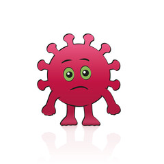 Coronavirus comic figure. Sad covid character with eyes, mouth, hands and feet. Isolated vector illustration on white background.
