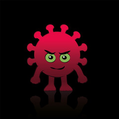 Coronavirus comic figure. Evil, bad covid villain character with eyes, mouth, hands and feet. Isolated vector illustration on black background.
