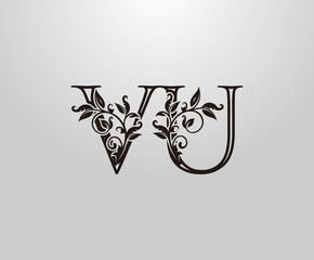 Vintage V, U and VU Letter logo. Graceful Floral Flower Alphabet Mark for letter stamp, weeding card, brand name, Restaurant, Boutique, Hotel.