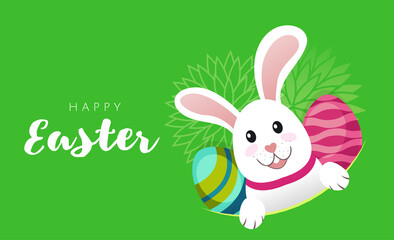 Obraz na płótnie Canvas Vector Greeting card banner with white Easter rabbit and colored eggs. Funny bunny with easter egg in flat style. Easter Bunny. Egg hunt. Happy easter lettering card cute character for children