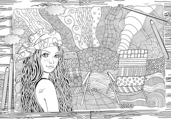 Young beautiful girl in bandana. Deckchair on a beach, facing out to sea. Zentangle style. Black and white doodle coloring book page for adult and children.
