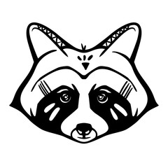 Raccoon illustration isolated on white. Cute vector drawing of raccoon head decorated with tribal elements. Black and white animal logo. Raccoon mascot, sports team logo. 