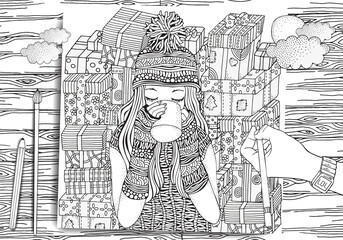 Winter girl and cup of coffee. Holiday gifts. Adult Coloring book page. Hand-drawn vector illustration. Zentangle. A4 size. For adult and children.