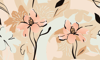 Beautiful contemporary floral seamless pattern. Fashionable template for design. Soft feminine palette.