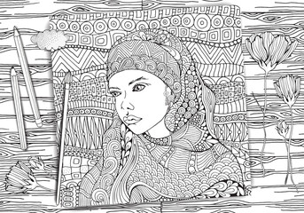 Arabic muslim woman. Hijab. Coloring book page for adult. Black and white. Doodle, zentangle style. Artistically ethnic pattern.