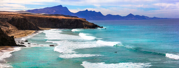 Wild beauty and unspoiled beaches of Fuerteventura. La Pared -popular for surfers. Canary islands