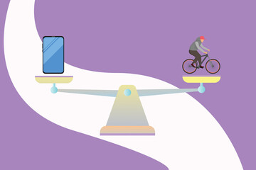 cell phone on the scale against an active lifestyle, digital detox concept, flat illustration