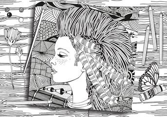 Young beautiful girl. American Indian woman. Feathers. Black and white tribal vector ethnic pattern. Hand-drawn, doodle, aztec, abstract, zentangle, tribal design elements.