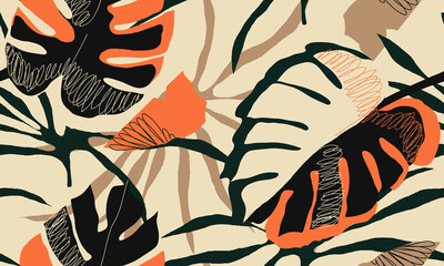Moderne exotische jungle planten illustratie patroon. Creatieve collage hedendaagse naadloze bloemmotief. Modieuze sjabloon voor ontwerp.