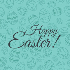 Vector Happy Easter lettering on egg thin line seamless background. Greeting easter card illustration EPS10