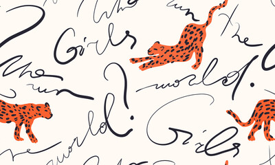Modern pattern with leopards and quote. Fashionable template for design. Sign "WHO RUN THE WORLD? GIRLS".