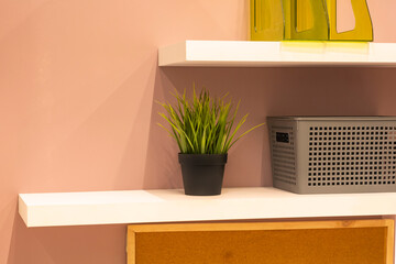 White shelves with a green plant on a pink wall. Storage basket on a white shelf. The interior of a cozy house. 