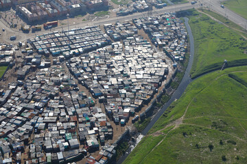 Cape Town, Western Cape / South Africa - 06/11/2018: Aerial photo of shacks in Langa