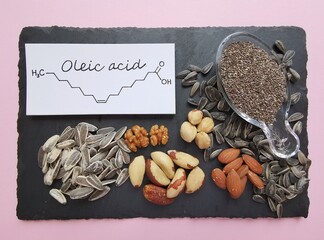 Structural chemical formula of oleic acid, an omega-9 fatty acid, with foods rich in oleic acid: sunflower, chia, Brazil nut, hazelnut, almond. Various seeds and nuts as natural sources of oleic acid.