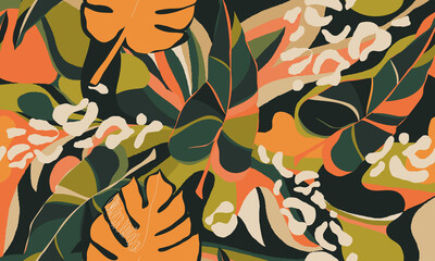 Materiał do szycia Modern exotic pattern with leopard skin. Creative collage contemporary floral seamless pattern. Fashionable template for design.