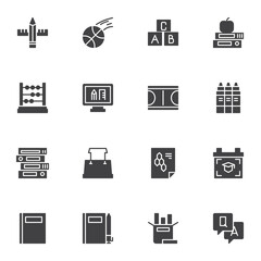 Back to school vector icons set, education modern solid symbol collection, filled style pictogram pack. Signs, logo illustration. Set includes icons as sport, book, folders, abacus, apple, pencil, pen