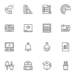 Education line icons set, back to school outline vector symbol collection, linear style pictogram pack. Signs logo illustration. Set includes icons as ruler, art, graduate diploma, science, chalkboard