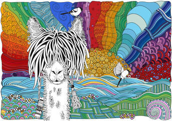 Llama on a beach. Fantasy color picture with sun and sea shore. Coloring book page for adult in zentangle style. Doodle, hand-drawn, vector illustration. Black and white and other colors - obrazy, fototapety, plakaty