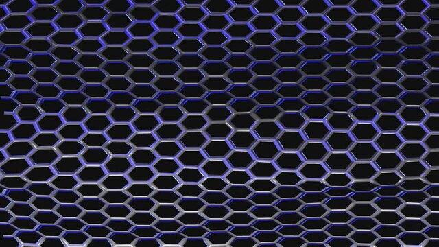 Seamless elegant animation of a hexagonal steel metal grid sheet. Hypnotic minimal wavy carbon structure background. Nanotechnology concept.