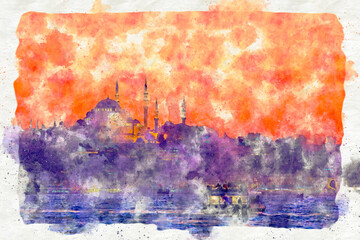 Watercolor drawing. Painted city, Istanbul view. mosque Suleymaniye at sunset