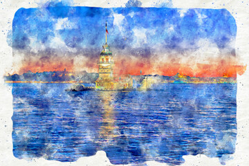 Watercolor drawing. Painted city, istanbul view bosphorus maiden tower. City with mosques at sunset