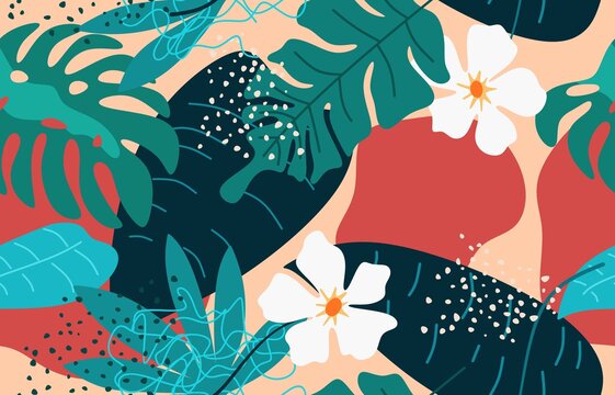 Contemporary hawaiian Collage floral seamless pattern. Modern exotic jungle fruits and plants illustration in vector. © andin