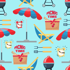 PICNIC TIME. Summer beach picnic, grill, barbecue, parasol. Vector template with various special tools. 